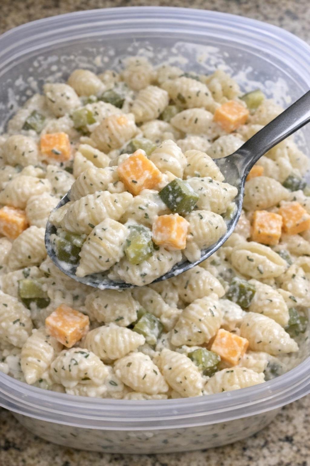 Creamy pasta salad with pickles and cheddar in a plastic container