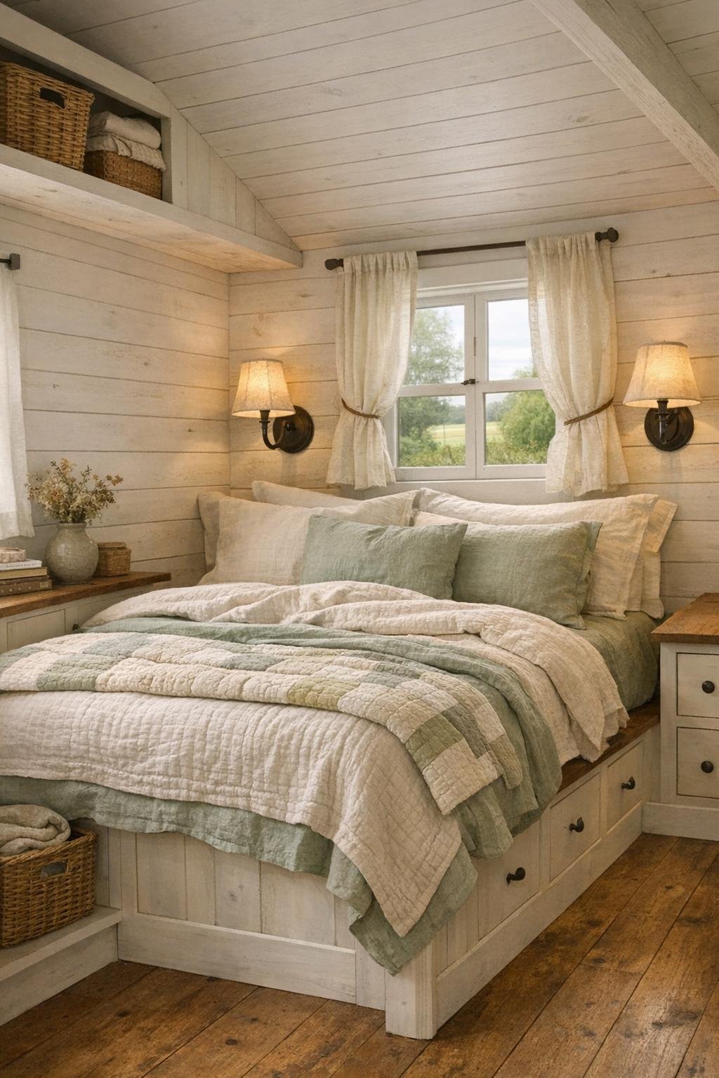 Peaceful tiny home bedroom with layered linens and soft farmhouse finishes