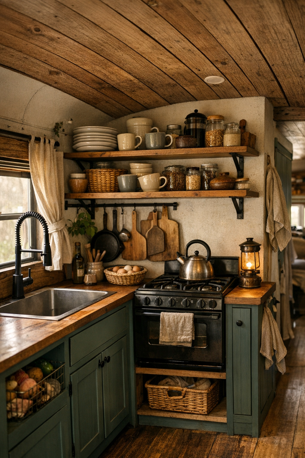 Compact rustic bus kitchen with wood counters, open shelving, and off-grid details