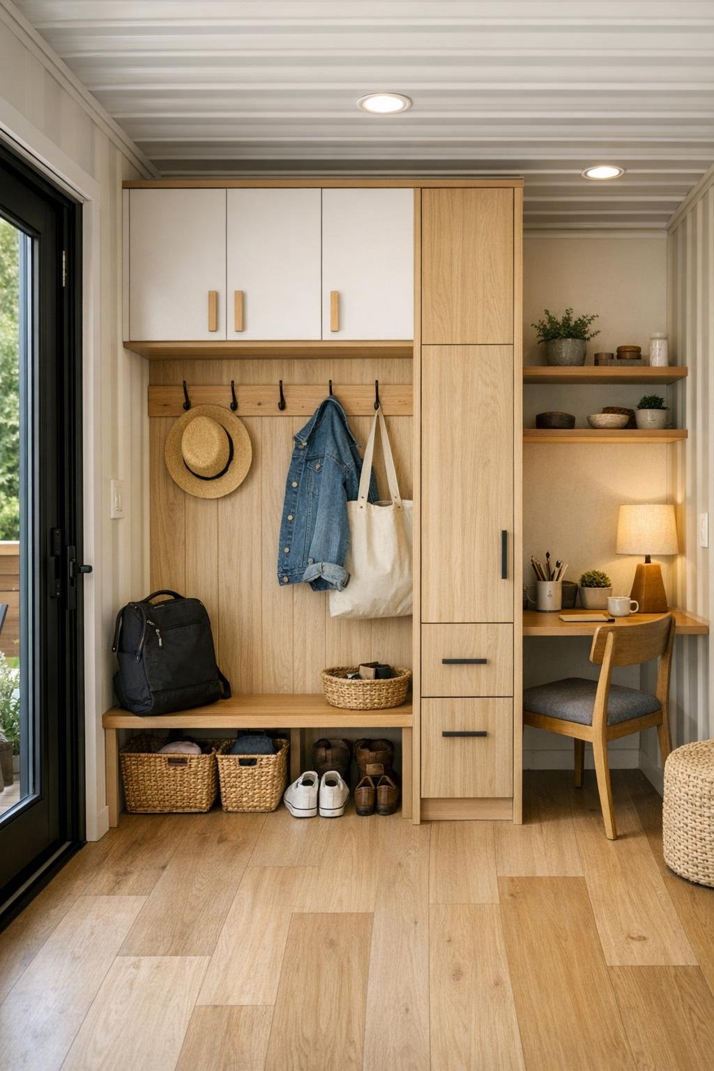 Container home entry and flexible nook with built-in storage, a slim bench, and a small desk area