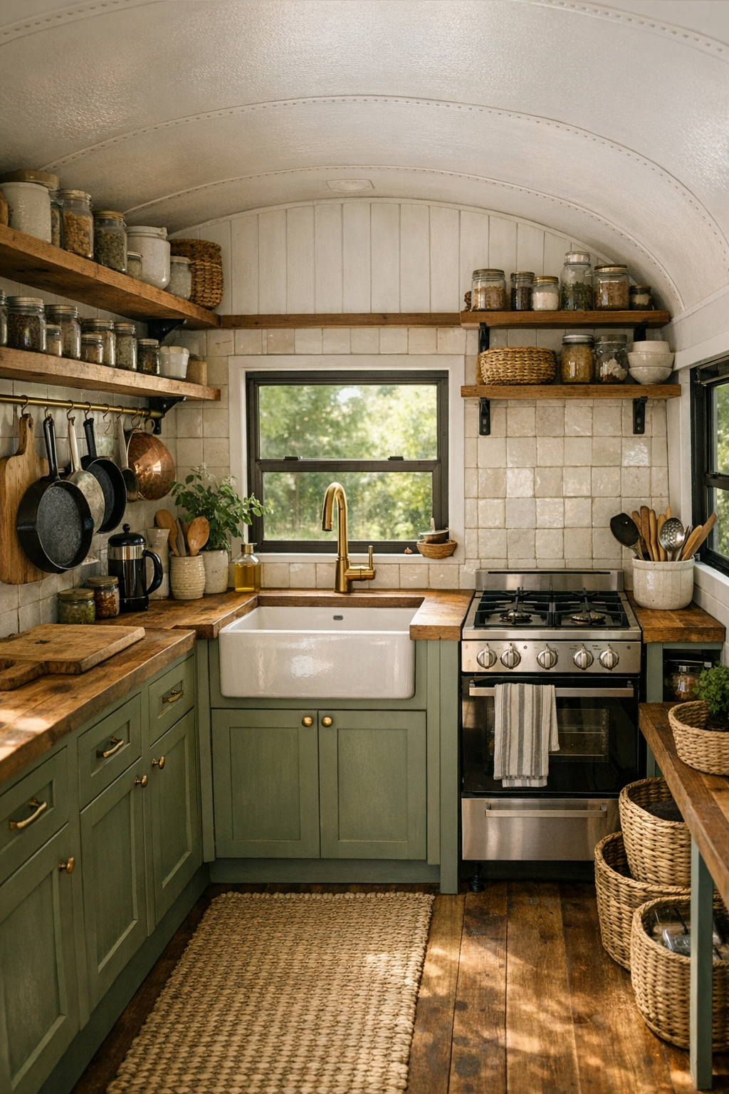 Off-grid bus kitchen with herb-green cabinets, butcher-block counters, and farmhouse sink