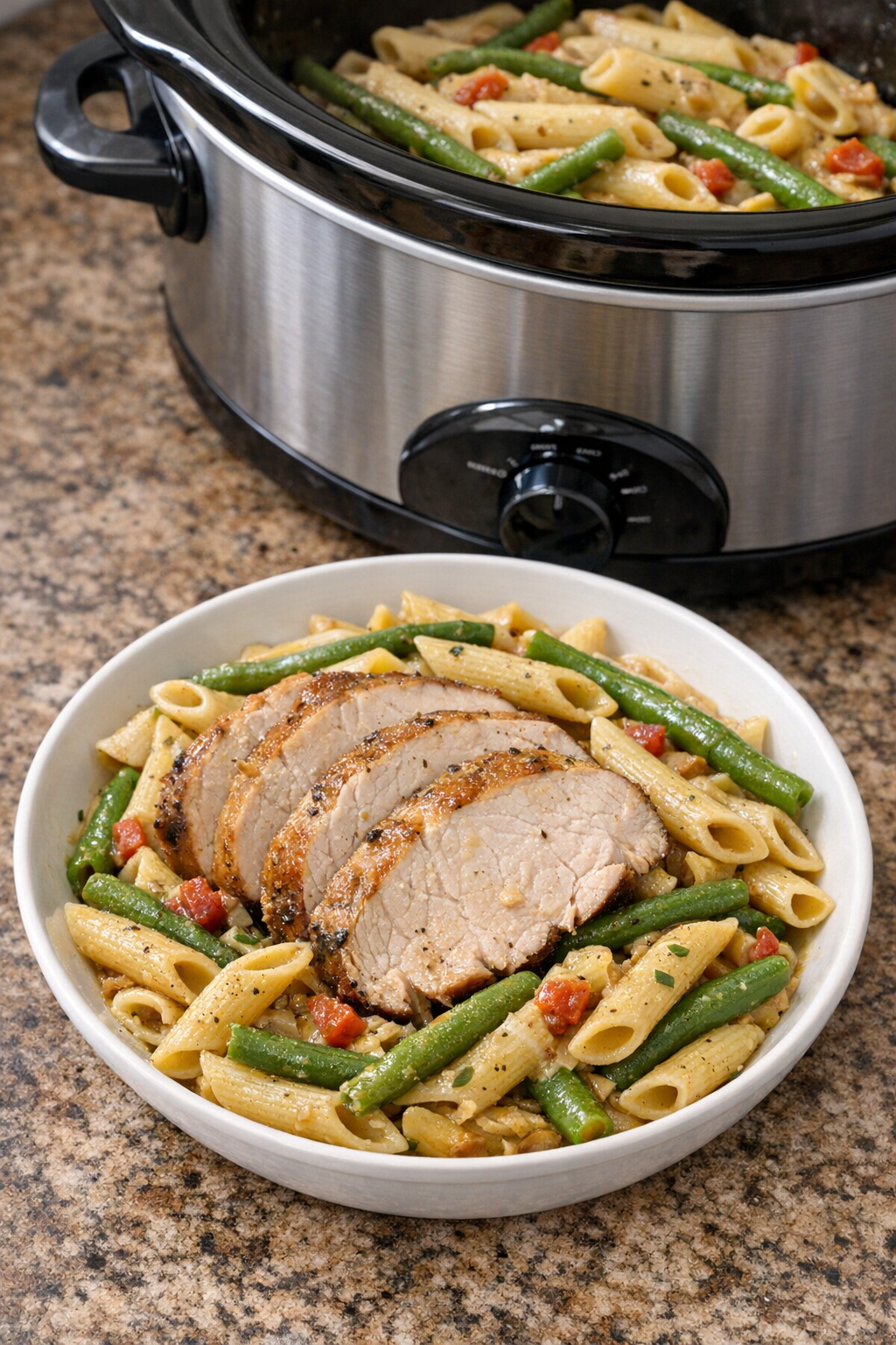 Finished plated turkey pasta with green beans