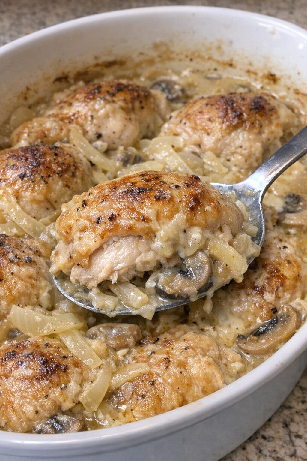 Golden brown chicken pieces with creamy mushroom sauce and tender onions in a white oval casserole dish