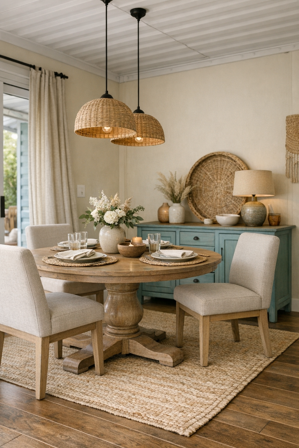 Warm dining room with round table, upholstered chairs, and muted turquoise built-in storage