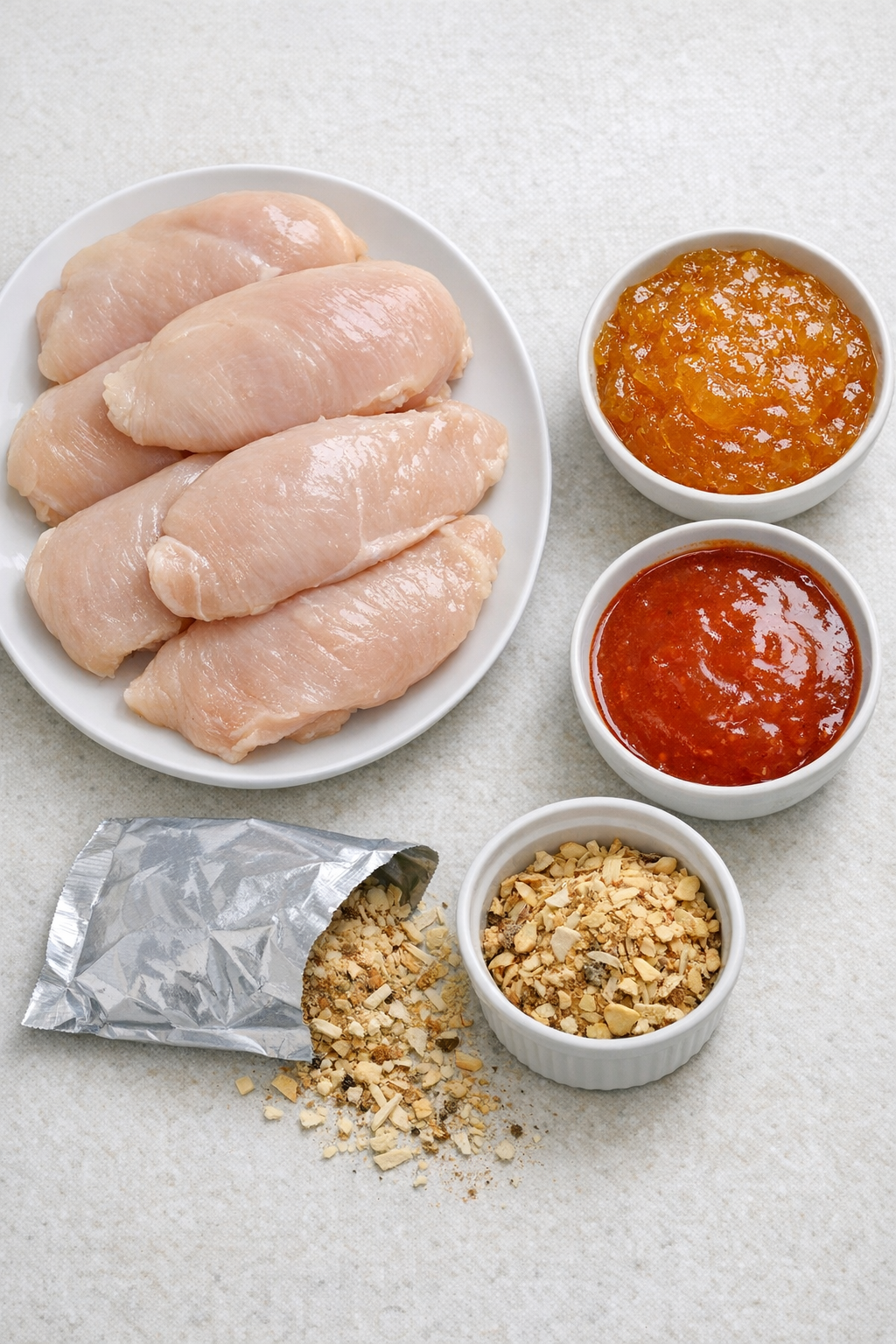 Ingredients for apricot chicken laid out on counter