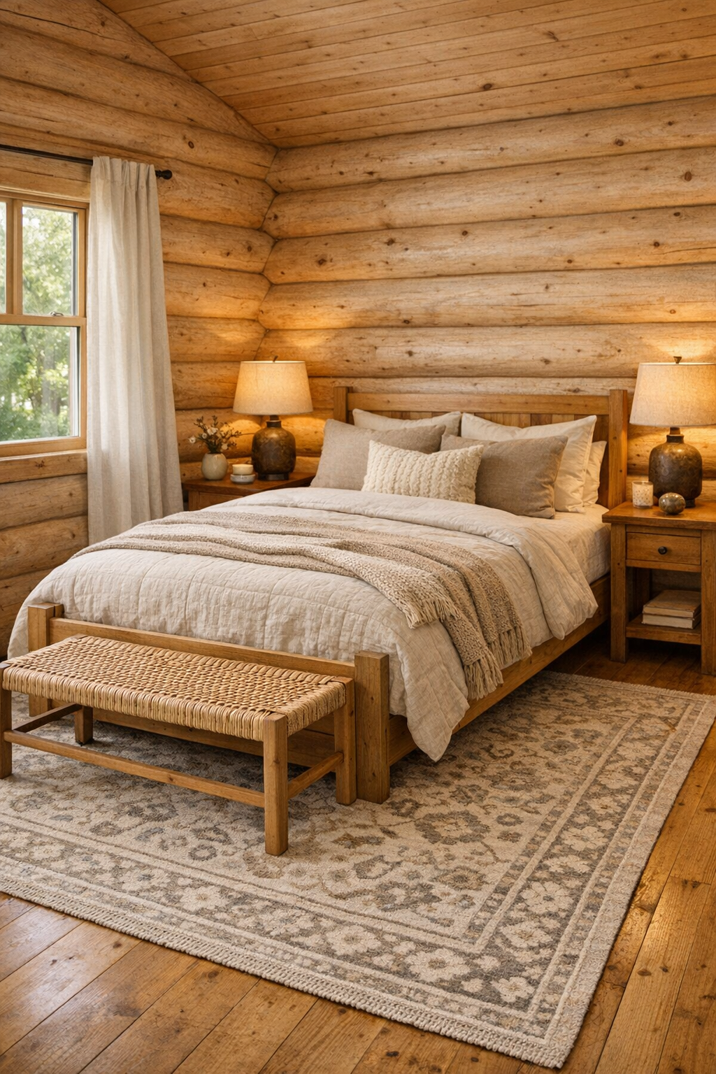Bedroom with pine log walls, layered neutral bedding, a simple wood bed, and soft window light