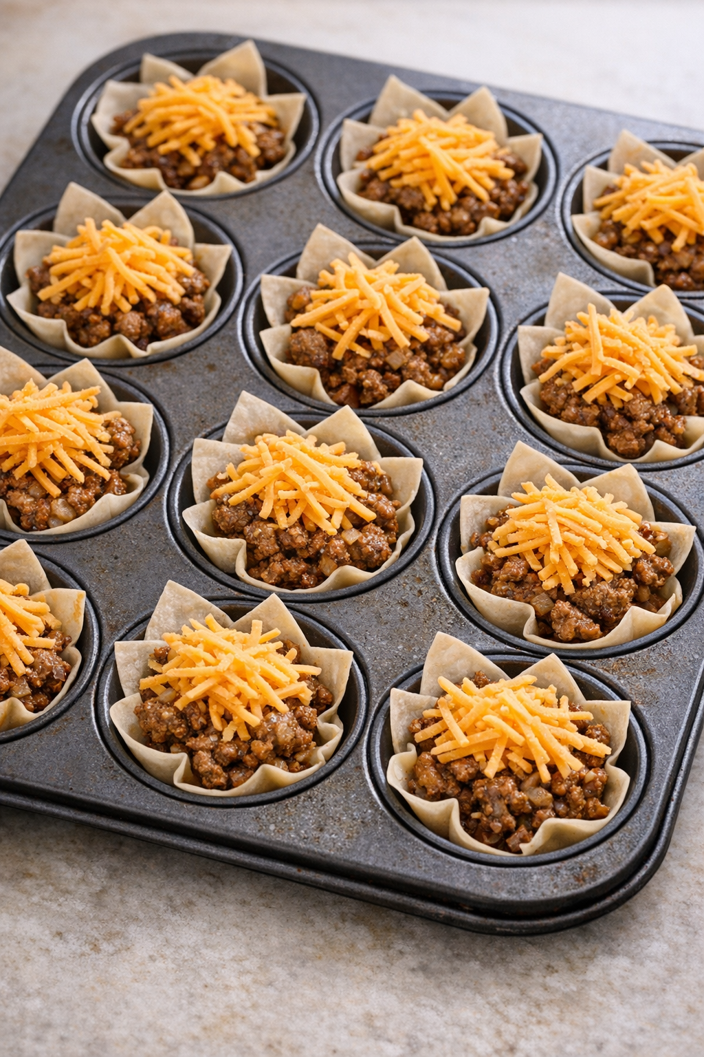 Taco cups filled with beef and topped with cheddar before baking