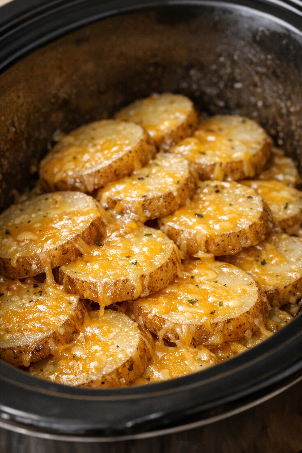 Tender cooked cheesy potatoes in the slow cooker