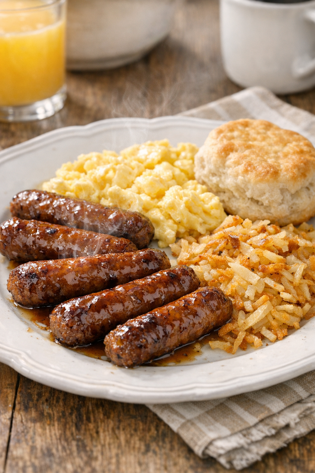 Finished breakfast sausage links plated with classic breakfast sides