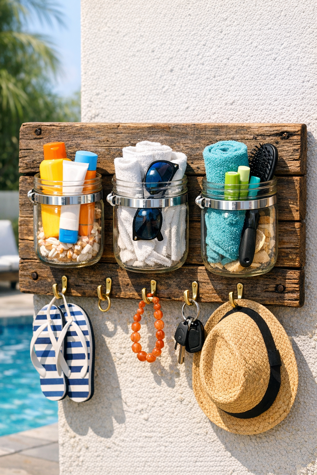 Finished rustic poolside sunscreen station mounted on wood