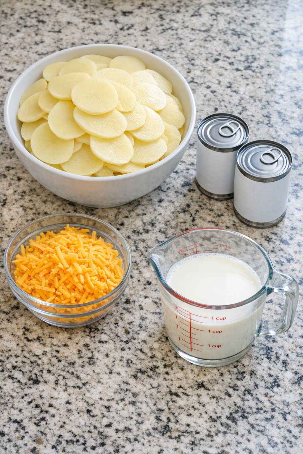 Main ingredients for scalloped potatoes arranged on a counter