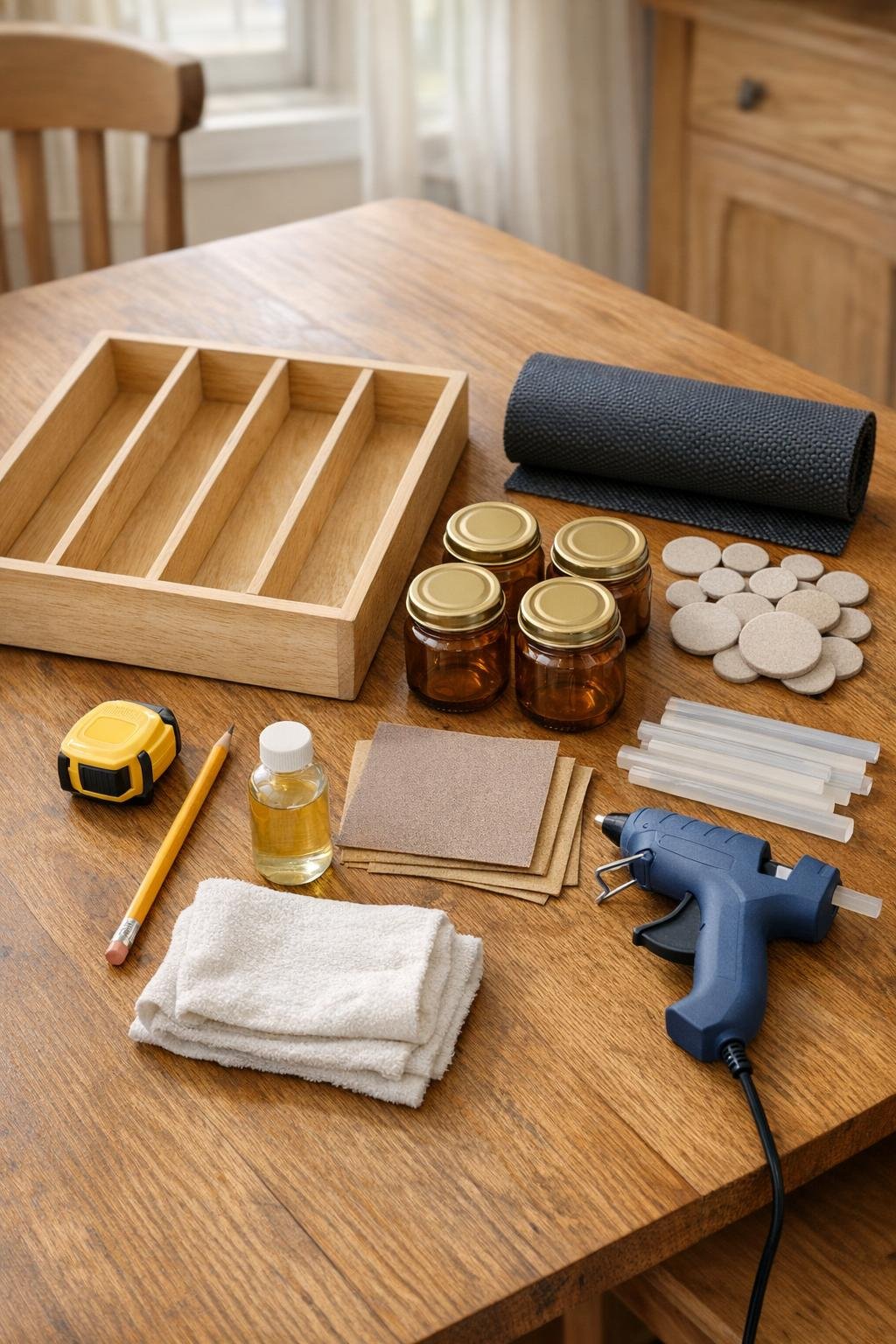 Materials for making a coffee pod drawer organizer laid out on a kitchen table