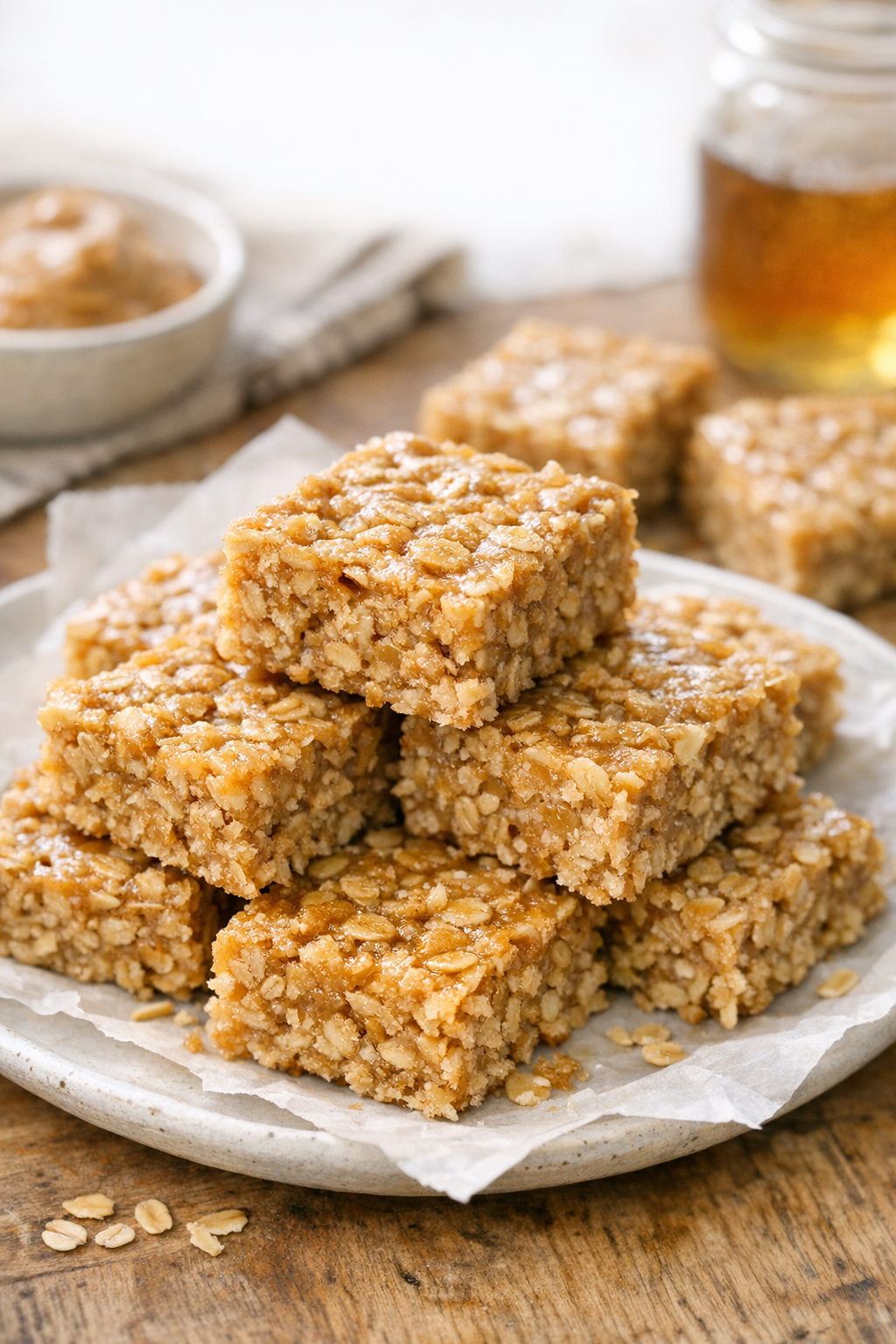 Soft textured peanut butter oat bars with a tender crumb