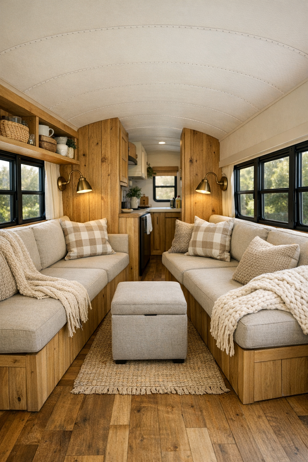 Cozy bus living room with built-in bench seating and warm wood finishes