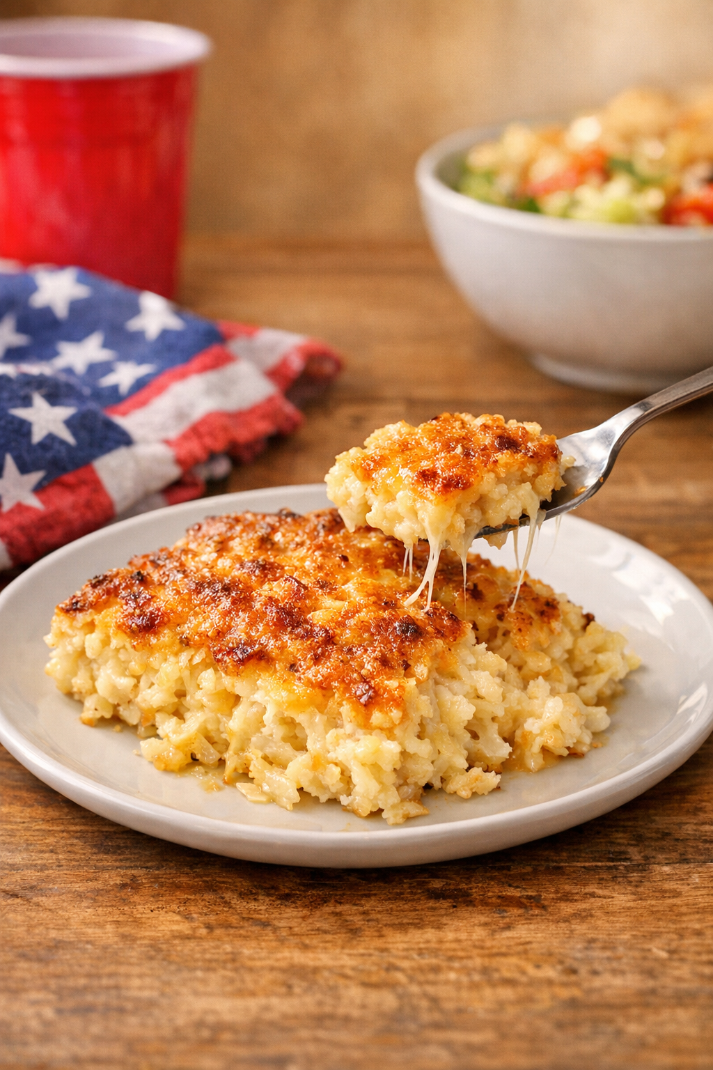 Plated cheesy hash brown casserole with golden crust
