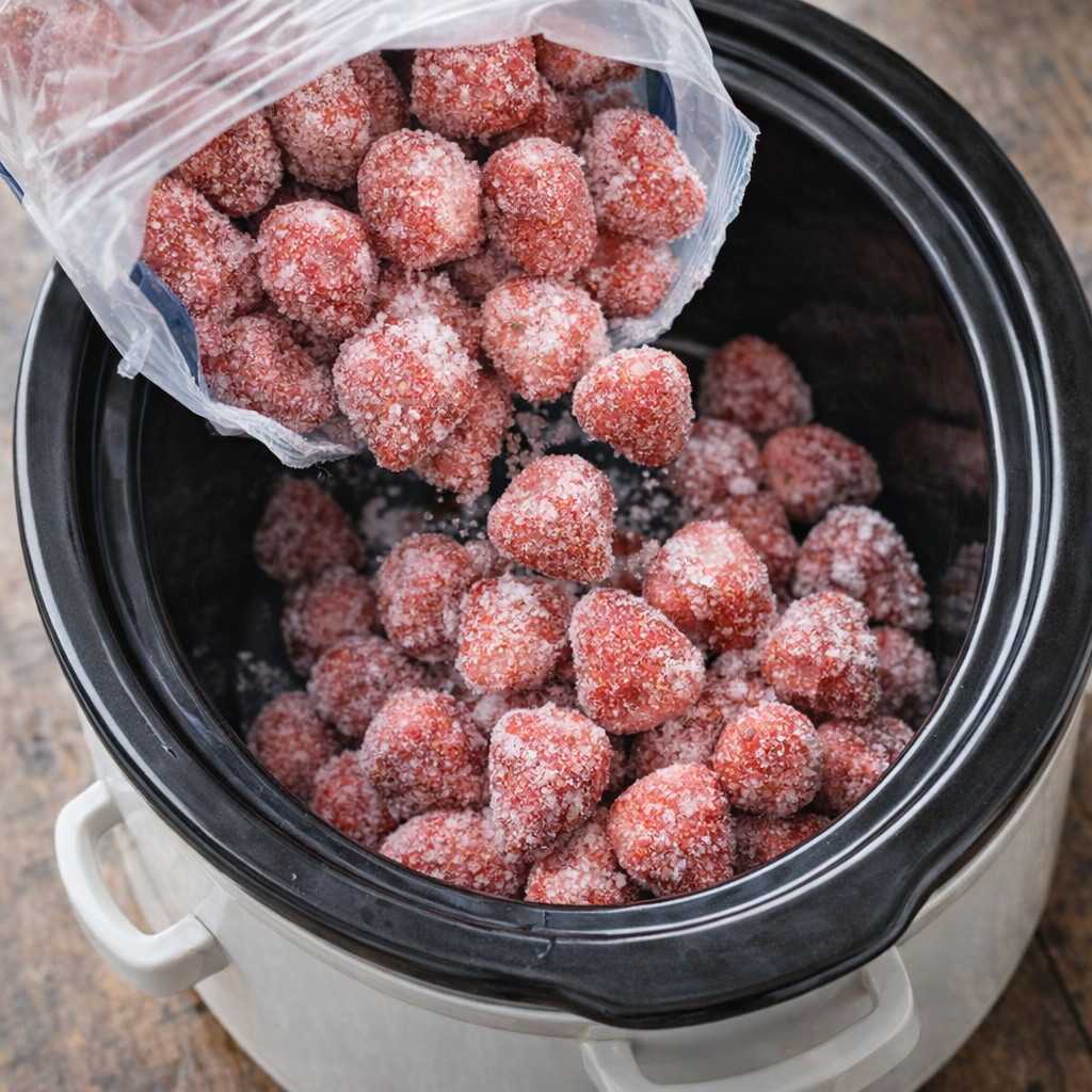 Frozen strawberries poured into a slow cooker