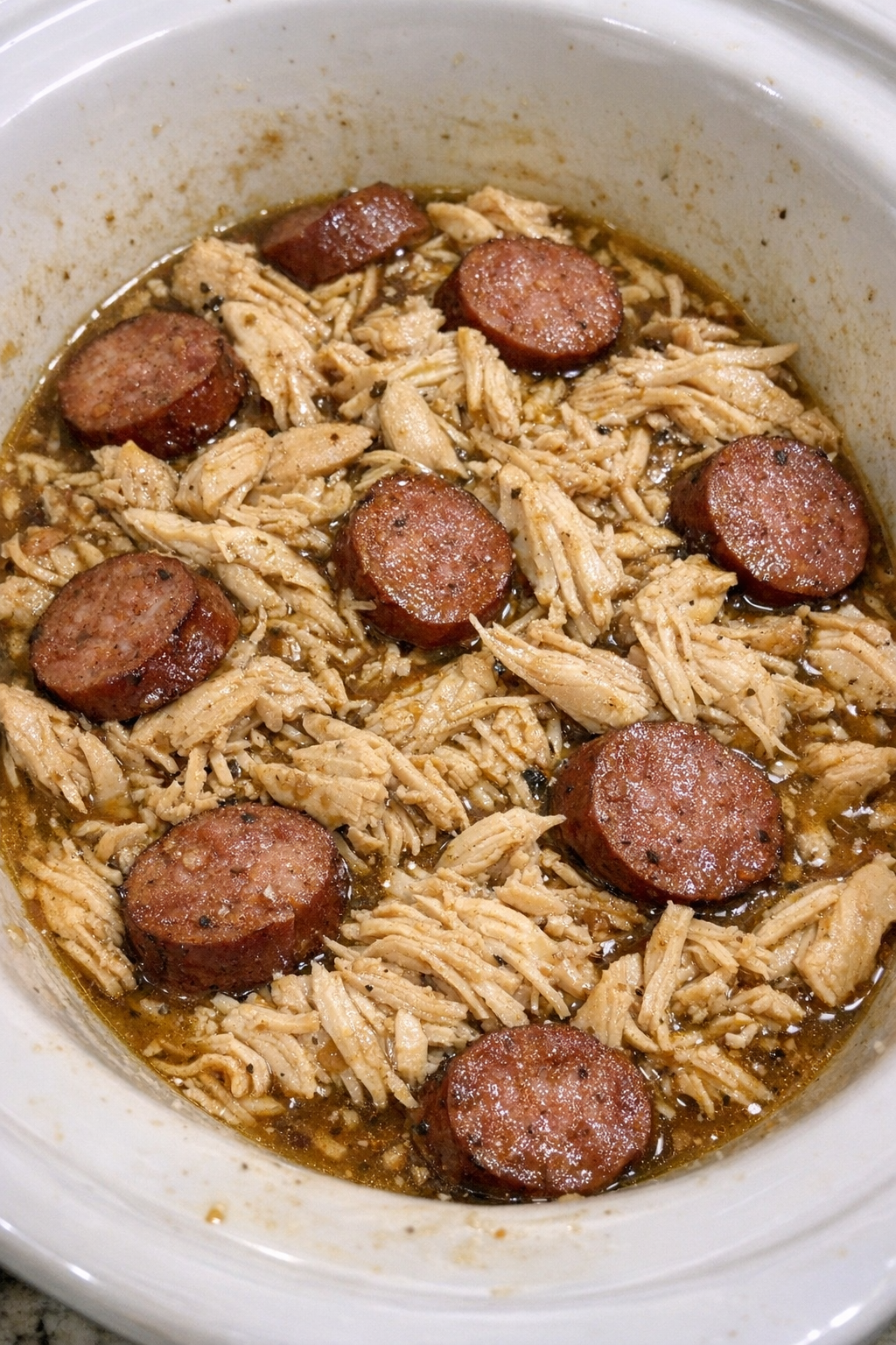 Slow cooker chicken and smoked sausage ready to serve