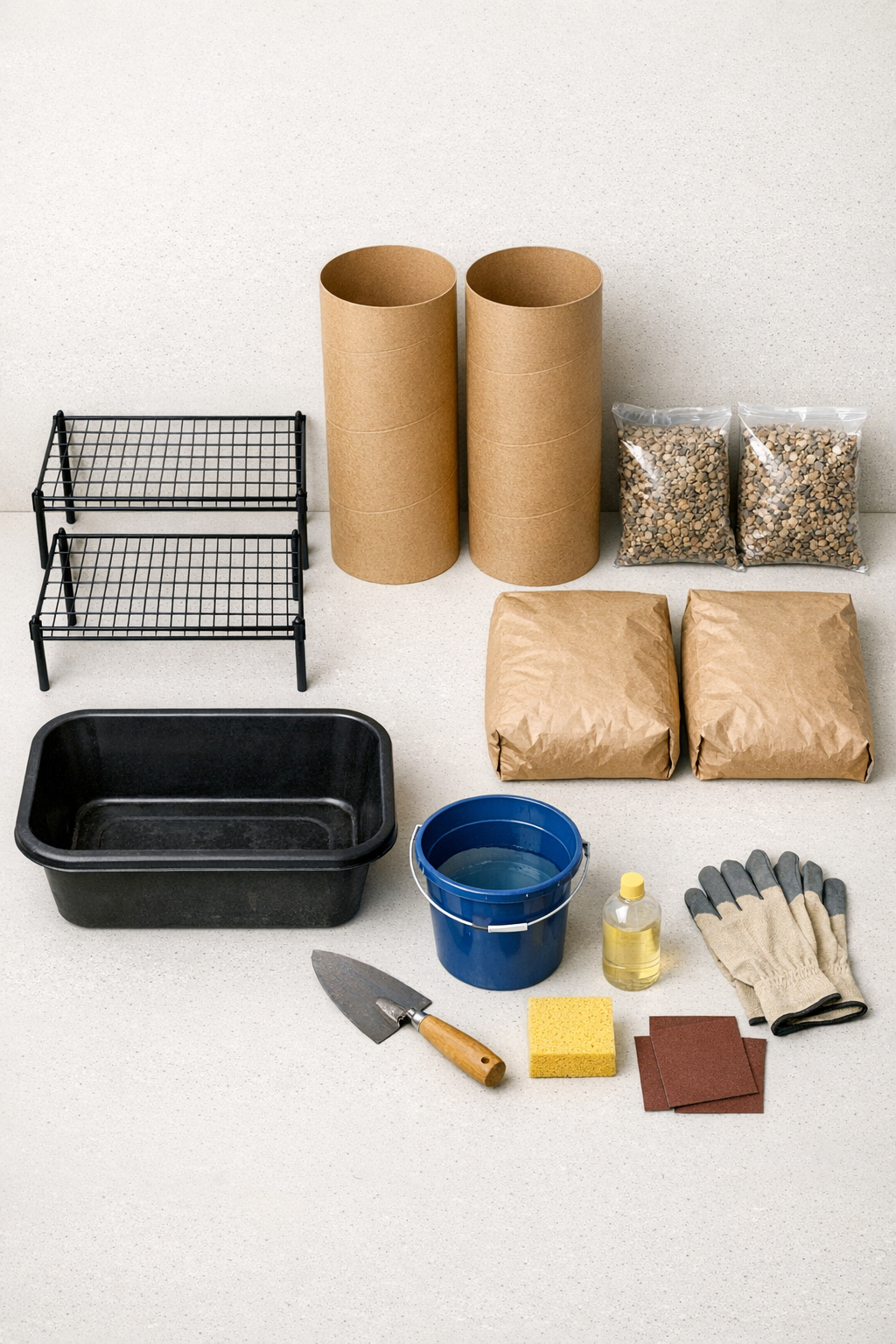 Materials for making two cement garden pedestals laid out on a worktable