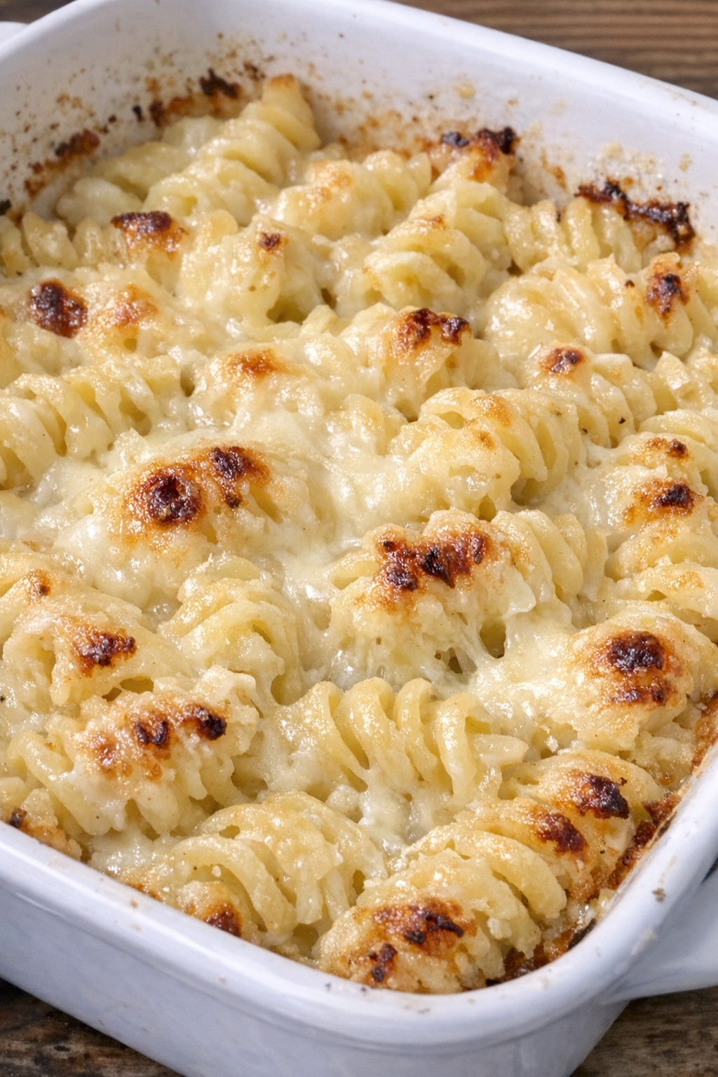 Creamy baked fontina rotini in a white casserole dish