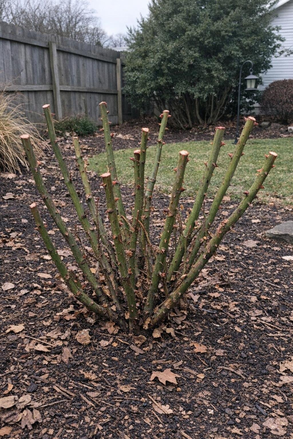 Dormant rose canes shortened for winter wind protection