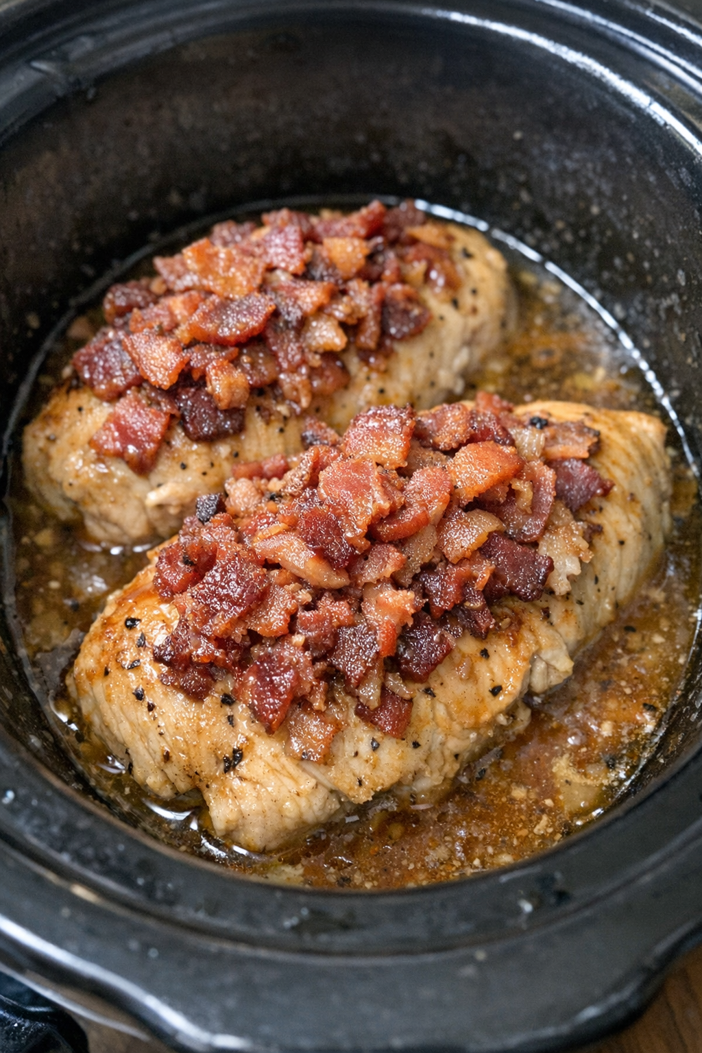 Slow cooker Amish chicken and bacon in a black slow cooker