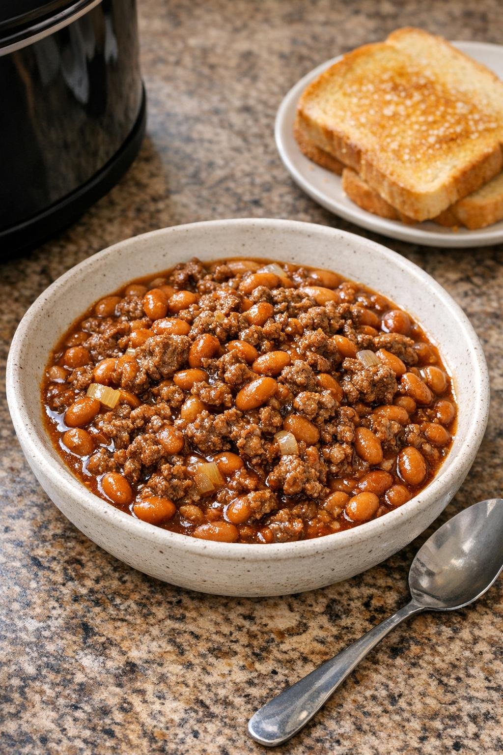 Finished beef and baked beans in a bowl