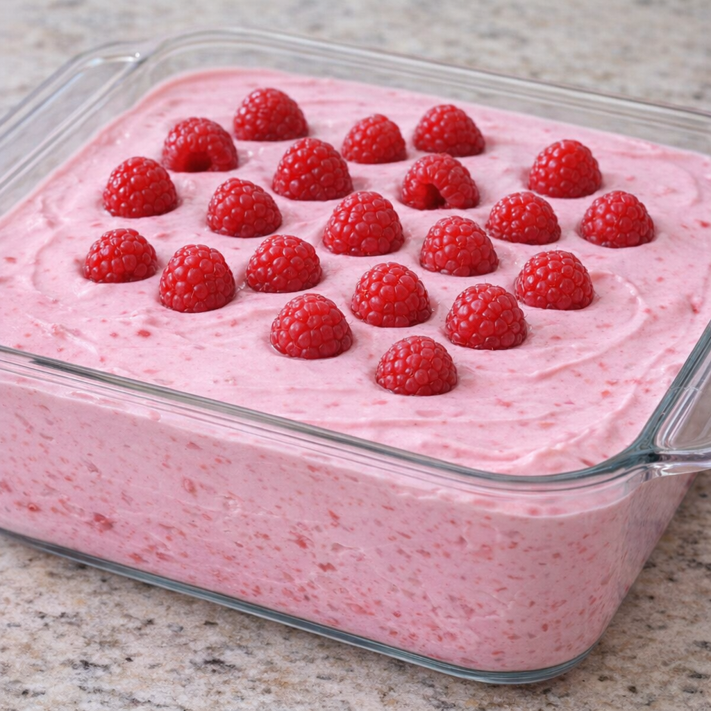 Raspberry fluff in a glass casserole dish ready to chill