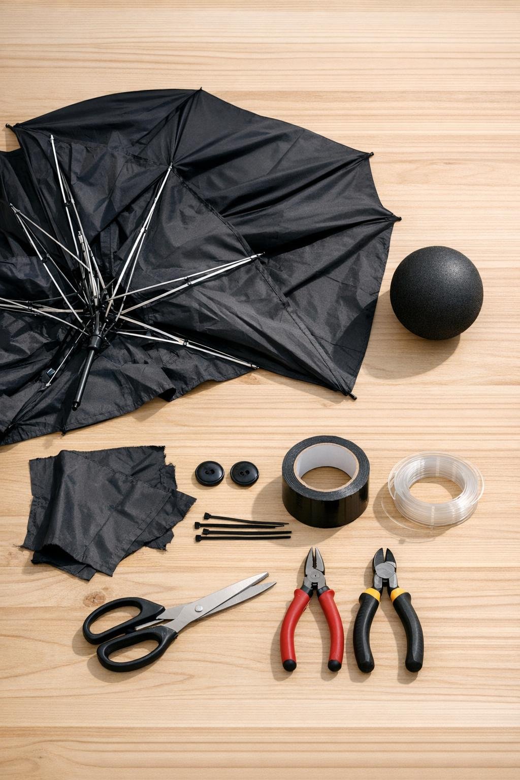 Broken black umbrella and bat-making materials laid out on a table