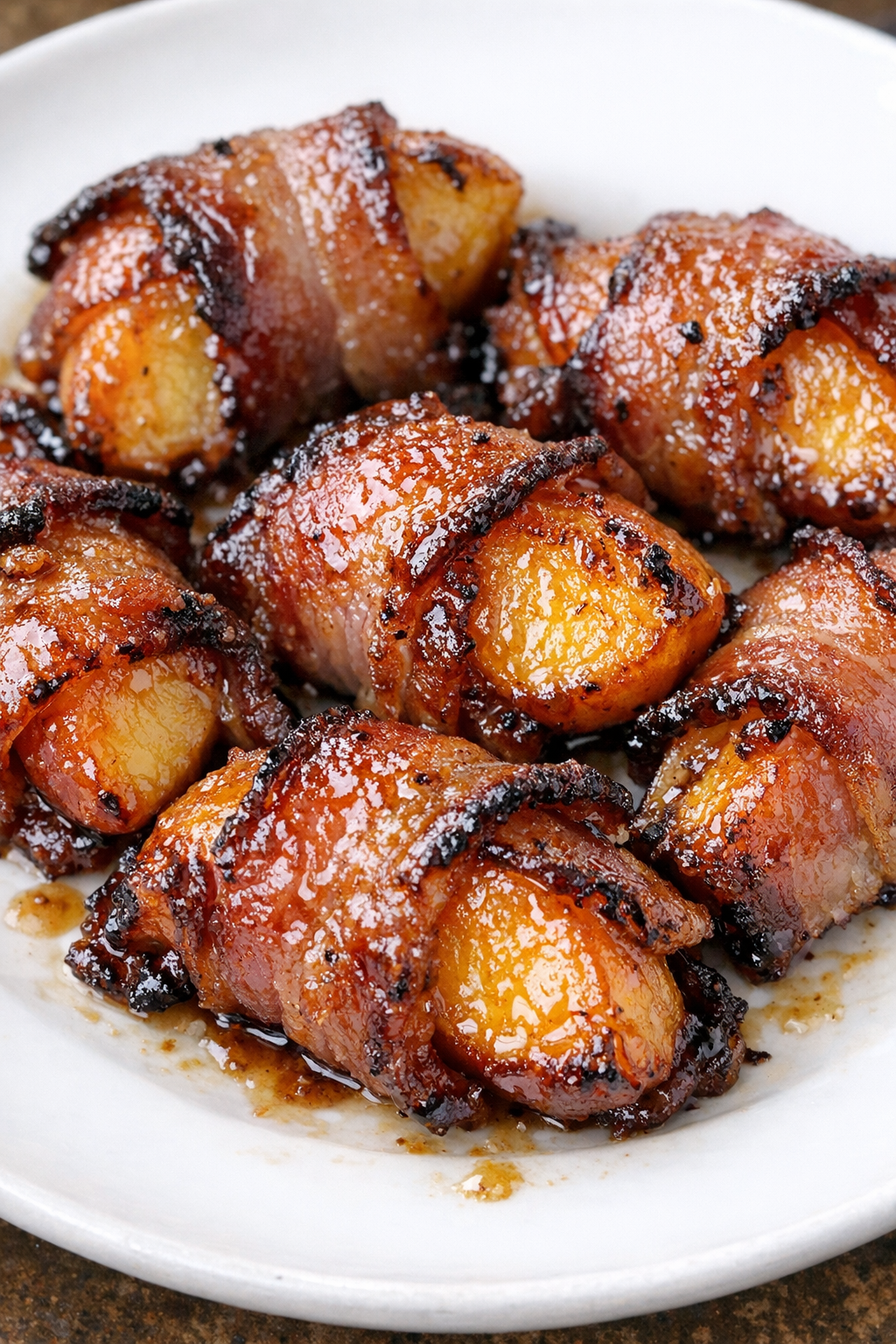 Southern 3-ingredient bacon wrapped peaches on a white ceramic plate