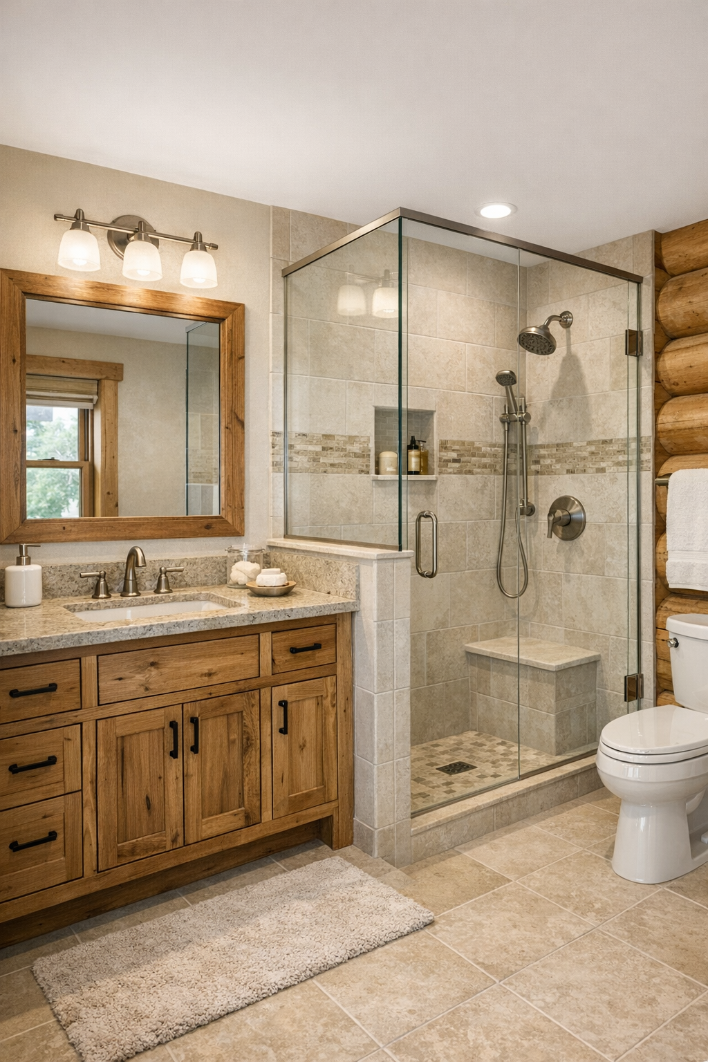 Bathroom with handcrafted wood vanity, stone countertop, and light tile in a refined log home