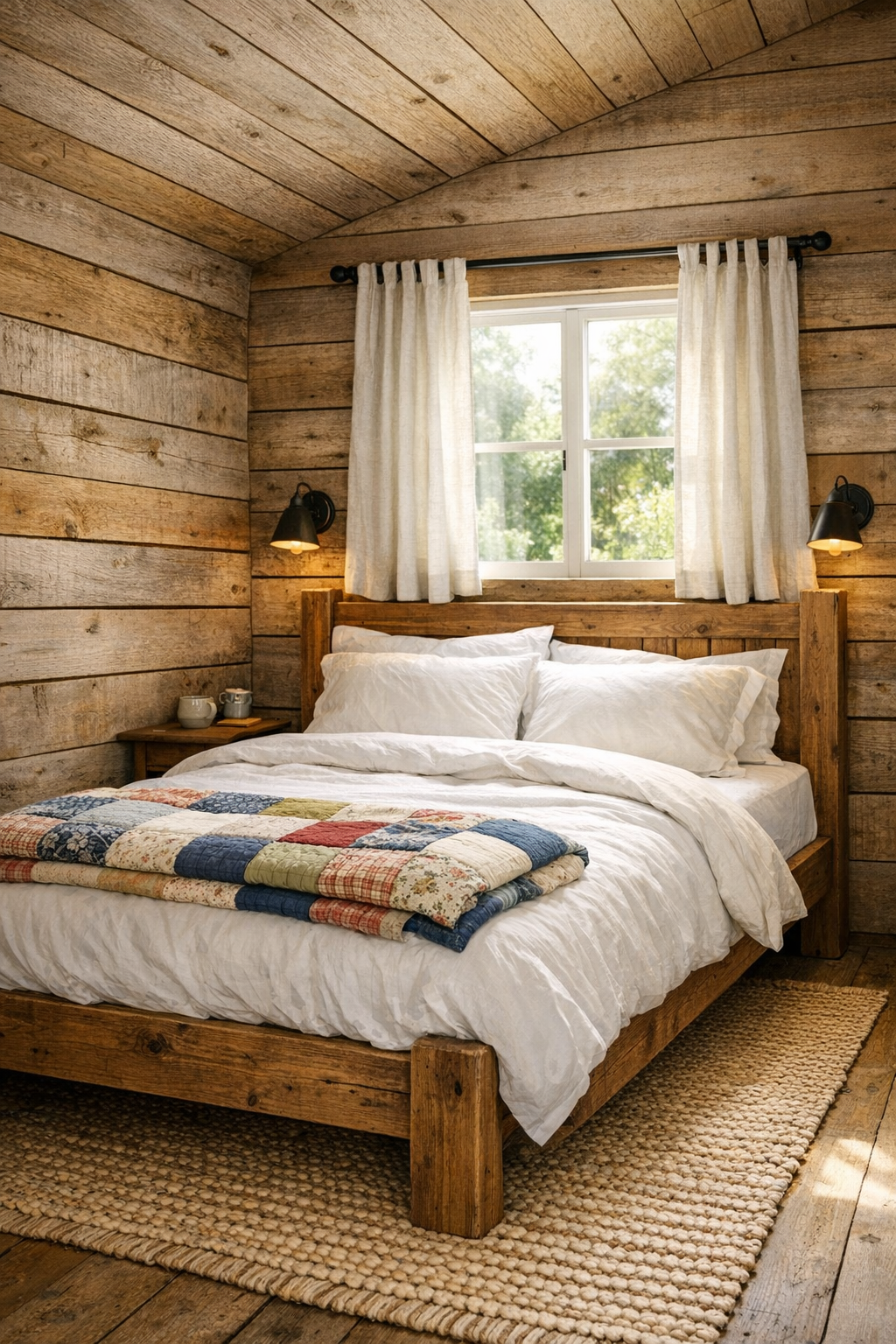 Cozy tiny home bedroom with wood bed, white bedding, quilt, and plank walls