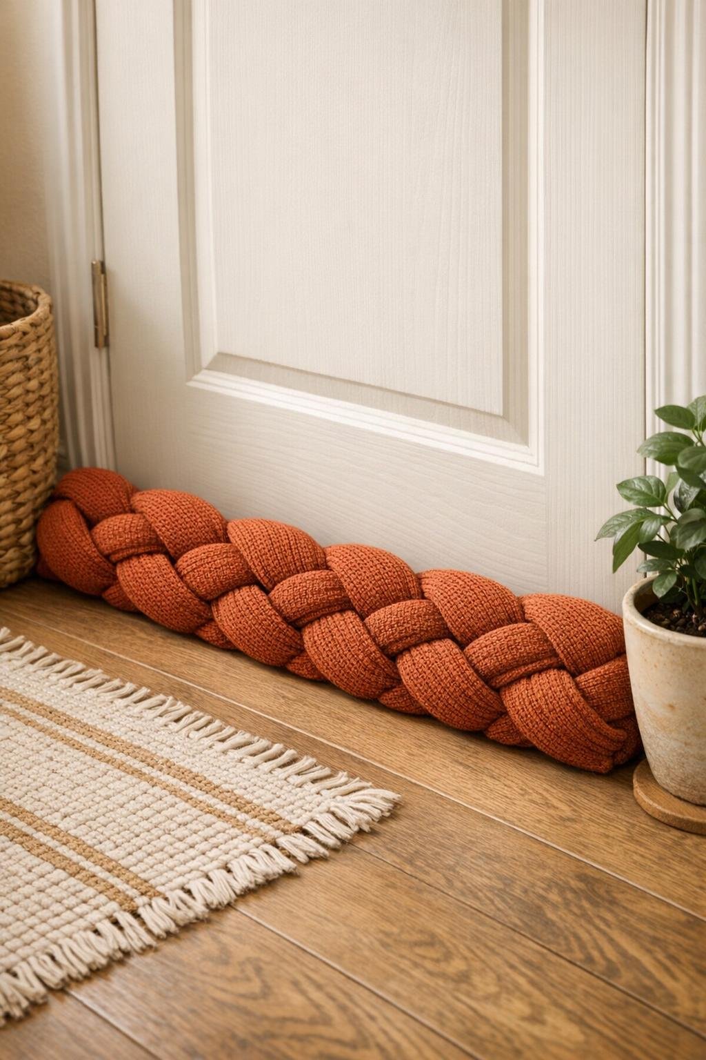 Completed braided towel door draft stopper in place