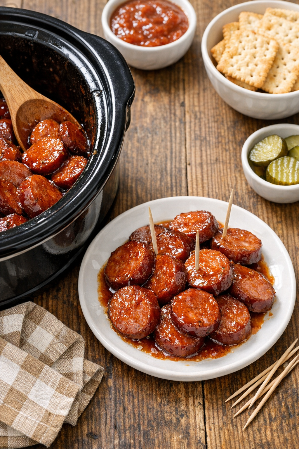 Finished smoked pork sausage in glossy sauce