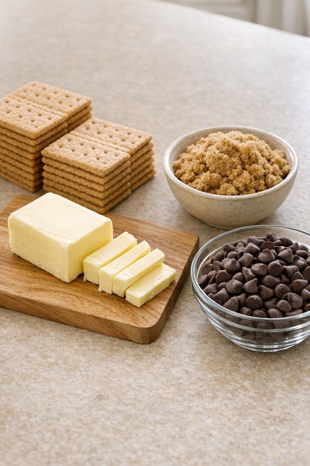 Graham crackers, butter, brown sugar, and chocolate chips
