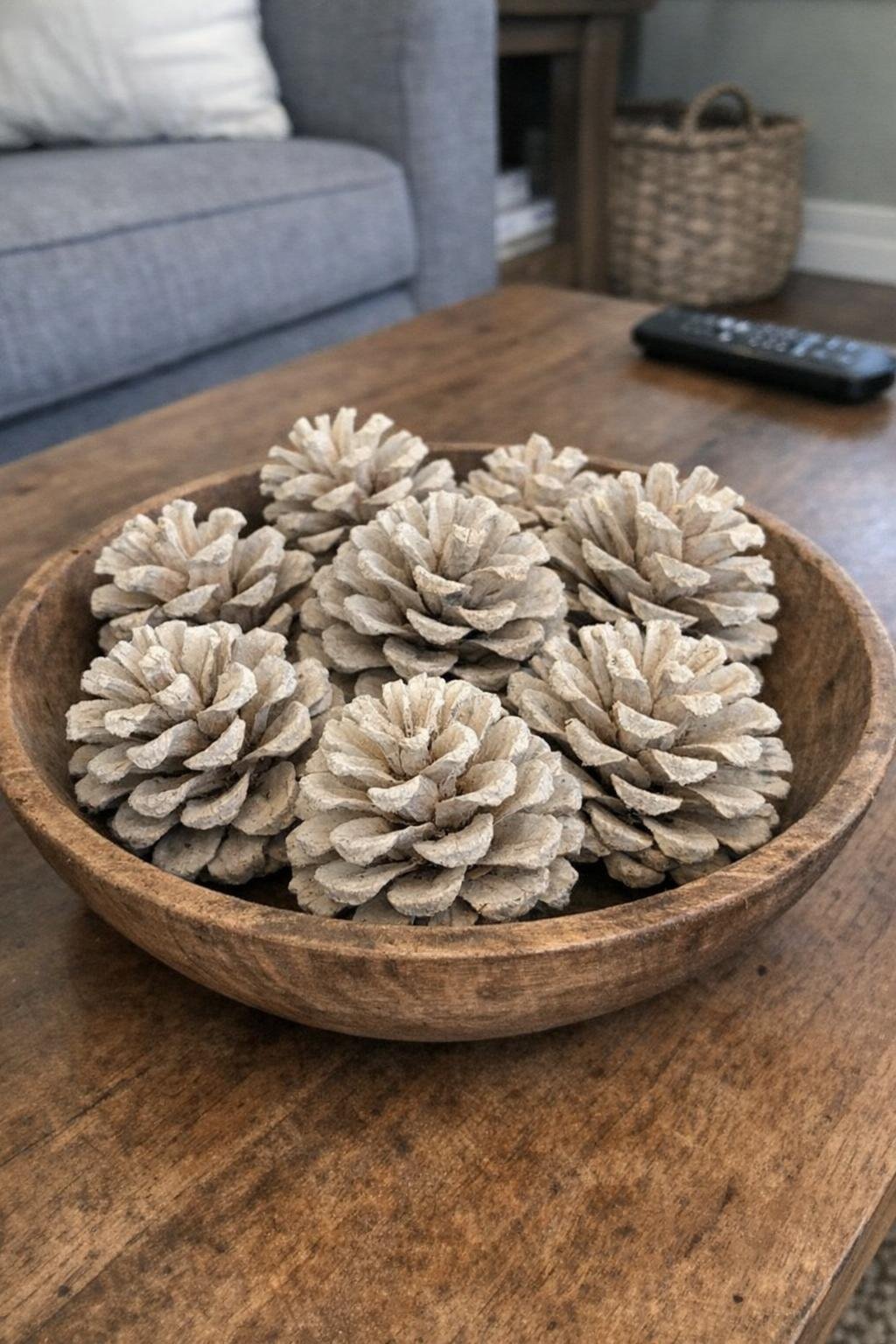 Bleached pine cones in a decorative bowl