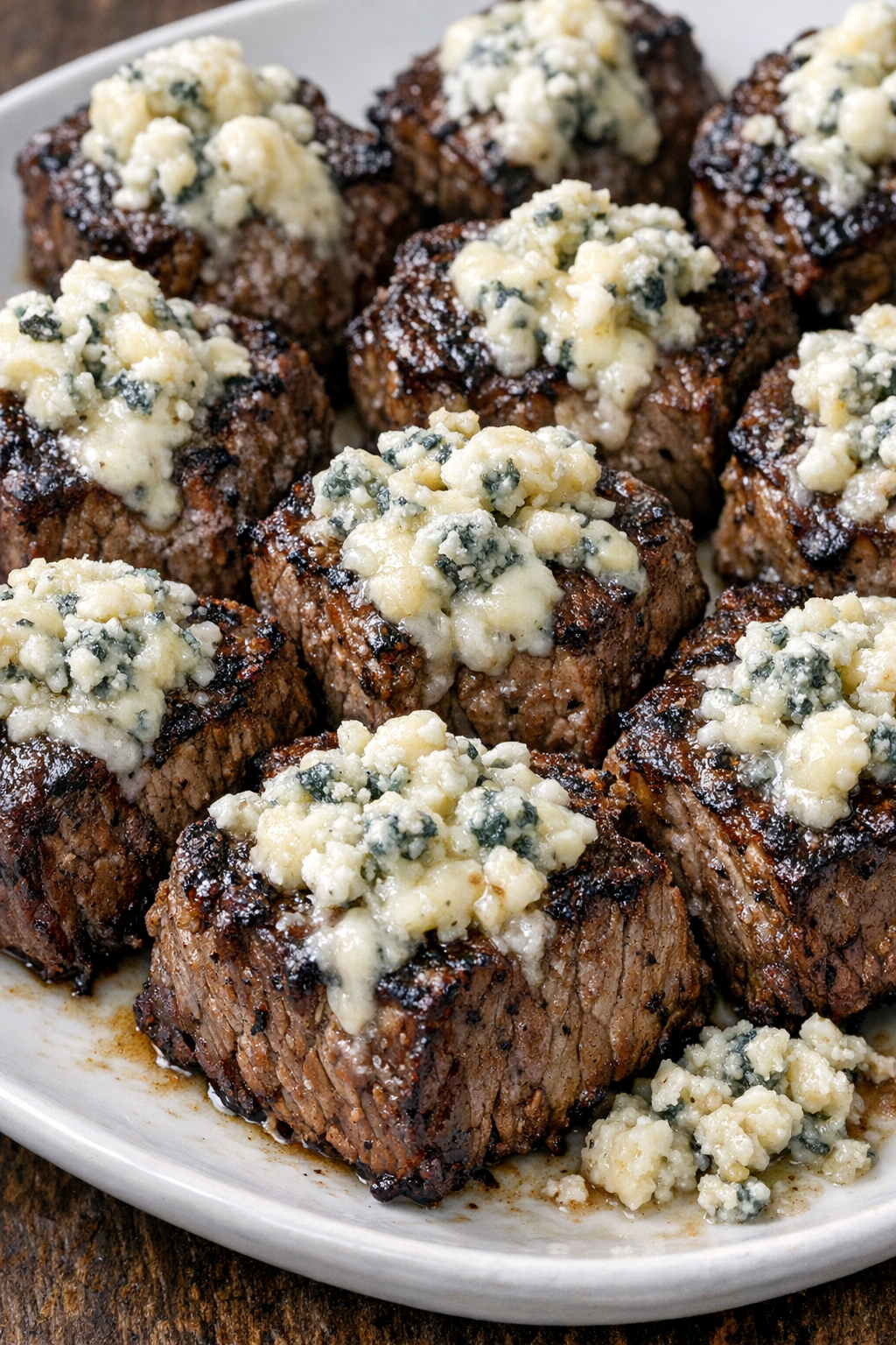 Blue cheese steak bites on a serving platter