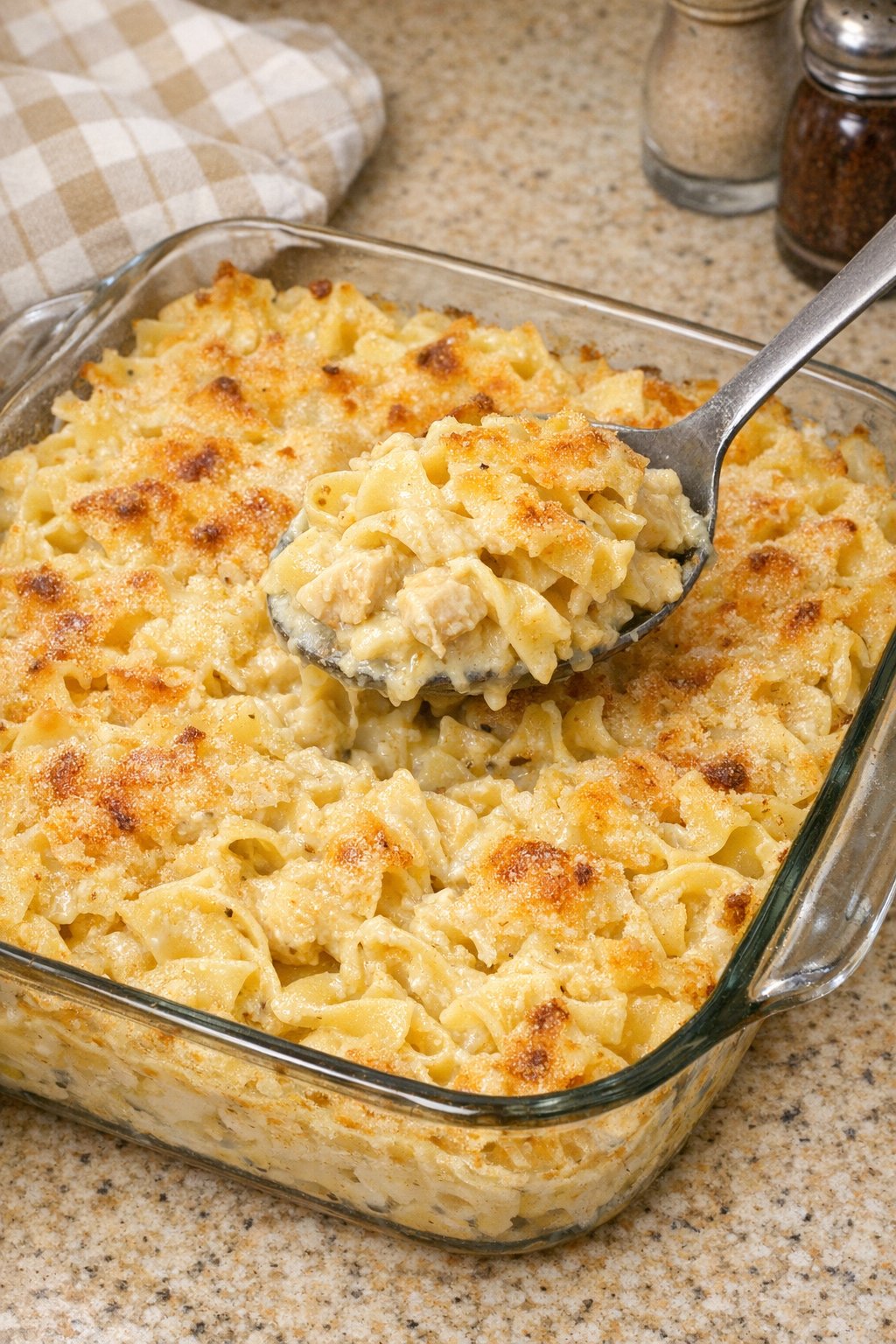 Finished baked cream of chicken noodles in a casserole dish