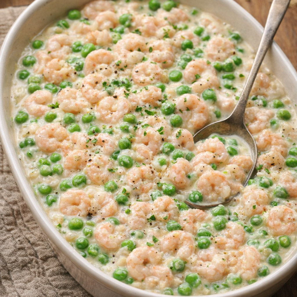 Creamy shrimp with peas served family-style