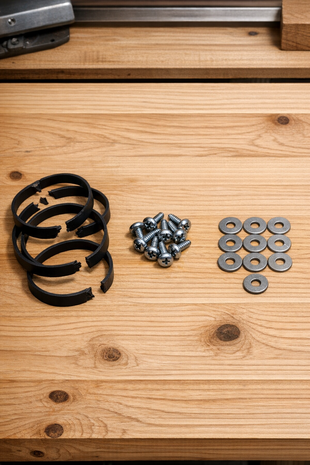 Vacuum belts, screws, and washers laid out for making pipe clamps
