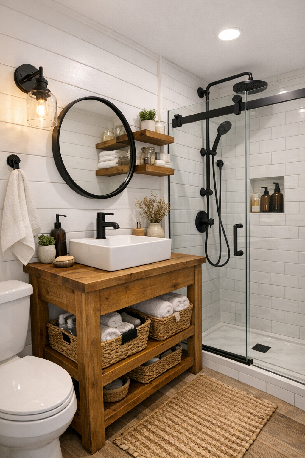 Compact handcrafted bathroom with a wood vanity, light tile, and simple black fixtures