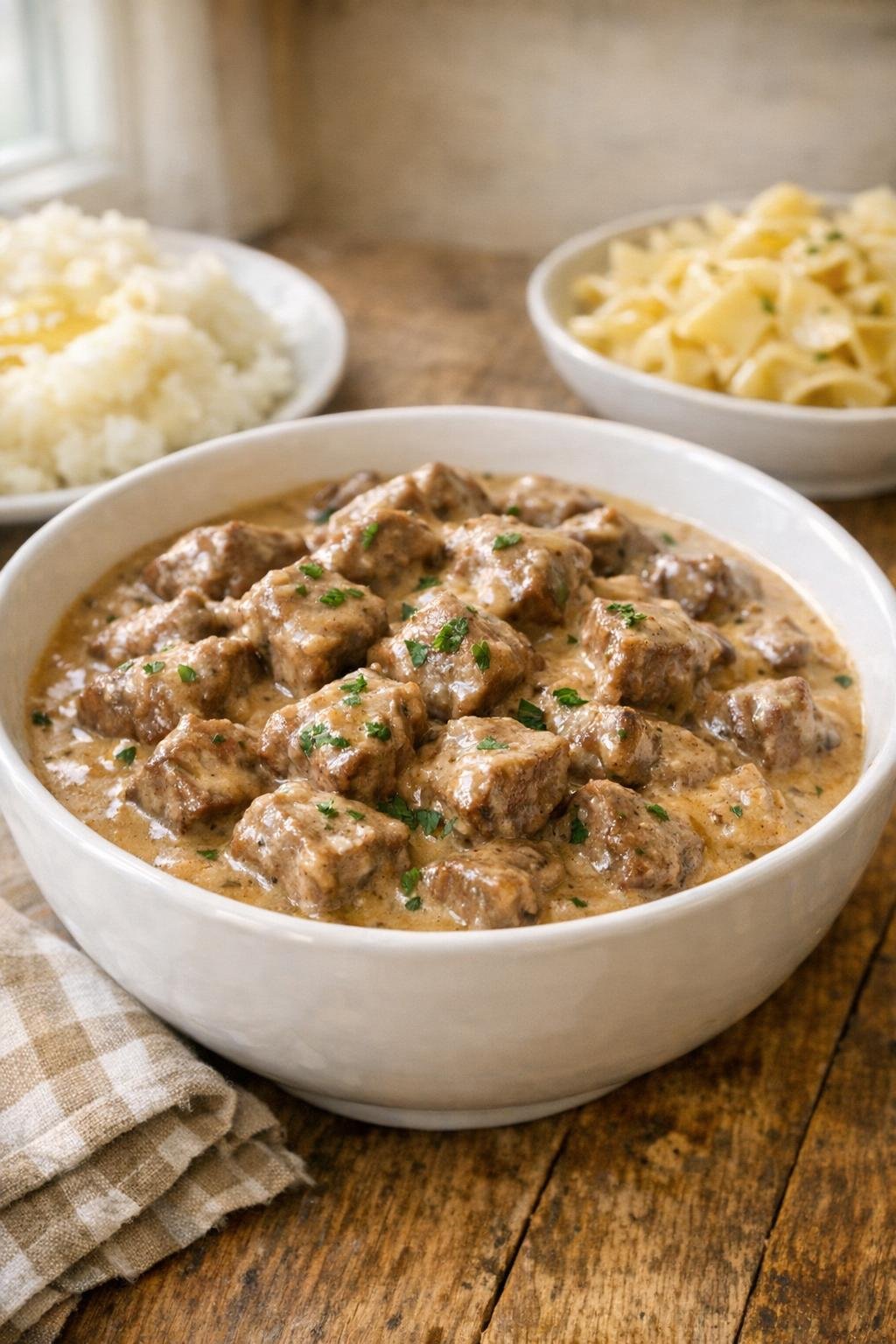 Finished plated creamy sirloin beef tips in sauce