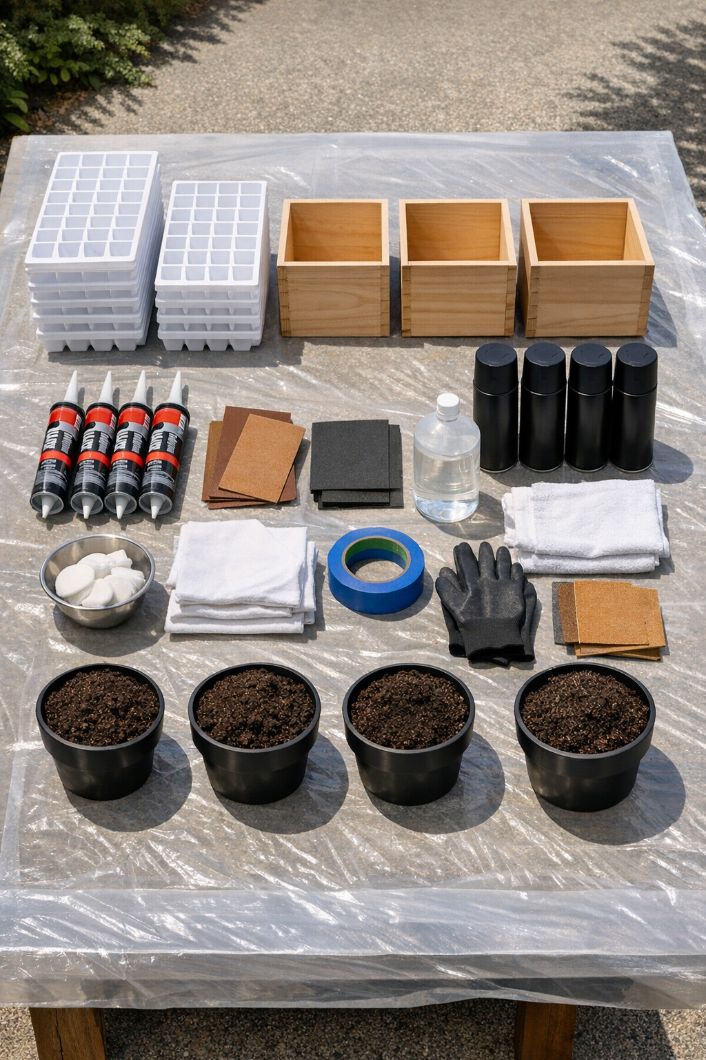 Materials for geometric patio planters laid out on a work surface
