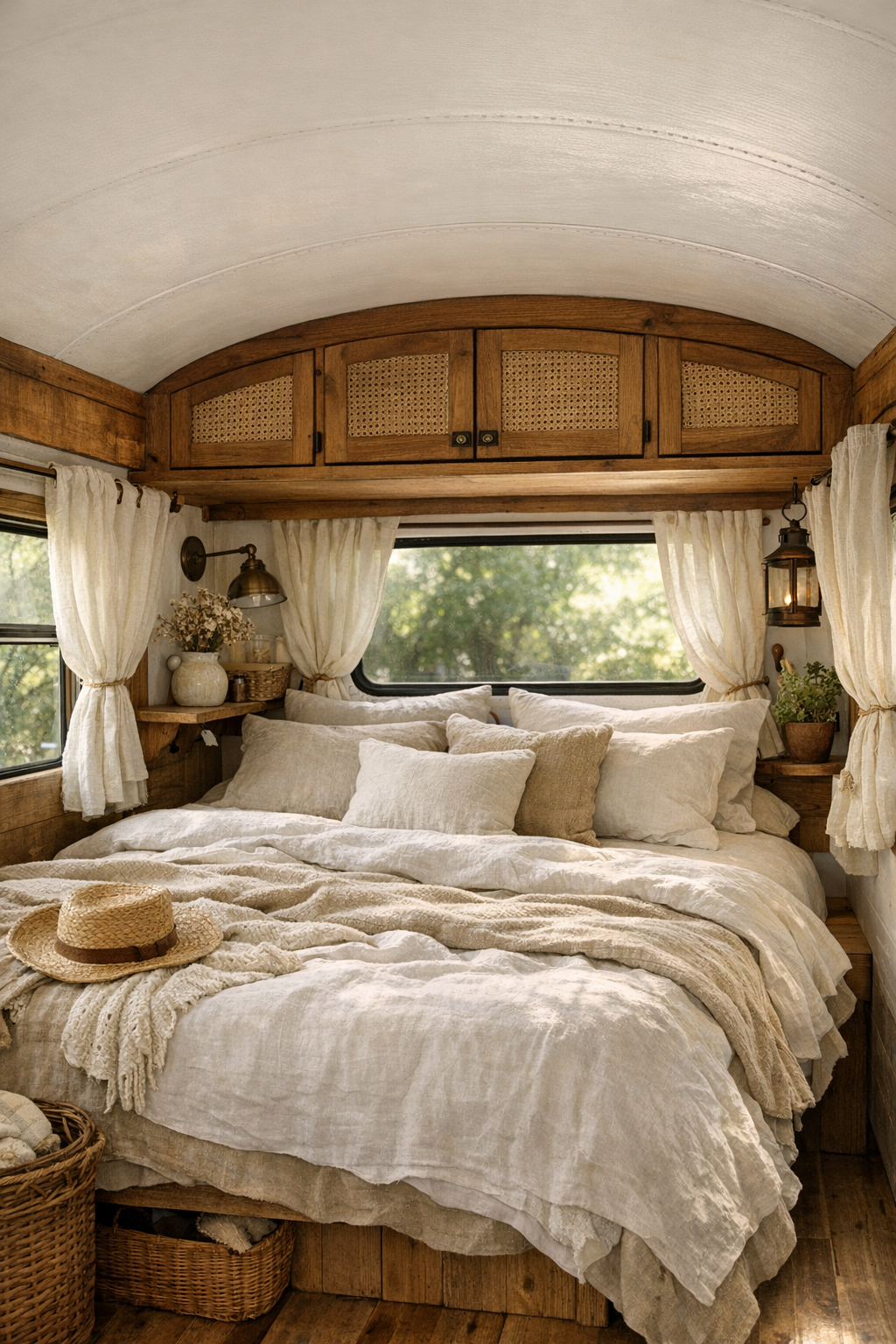 Serene converted bus bedroom with linen bedding and built-in wood storage