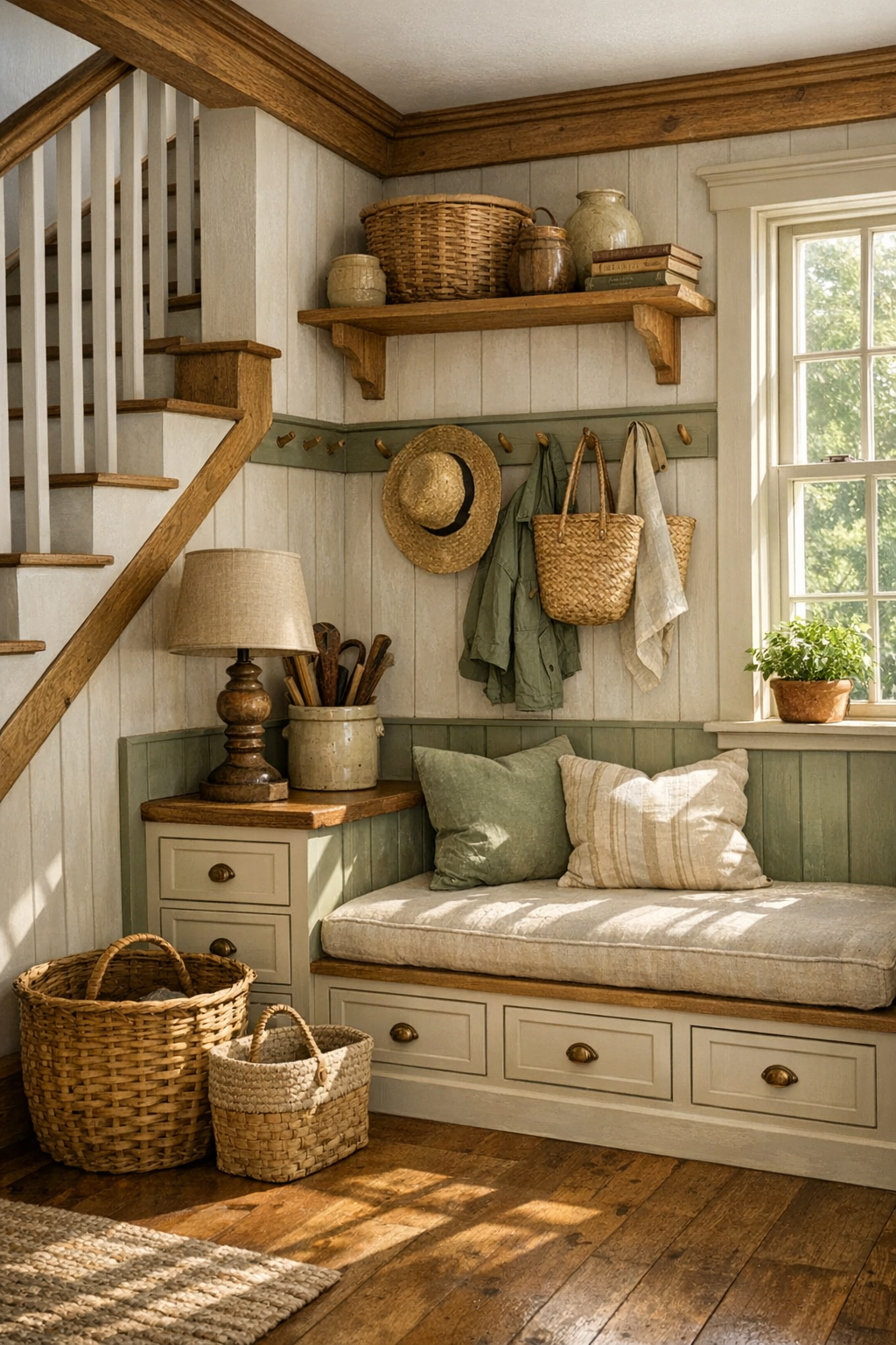 Thoughtful tiny home nook with built-in storage, bench seating, and handcrafted woodwork