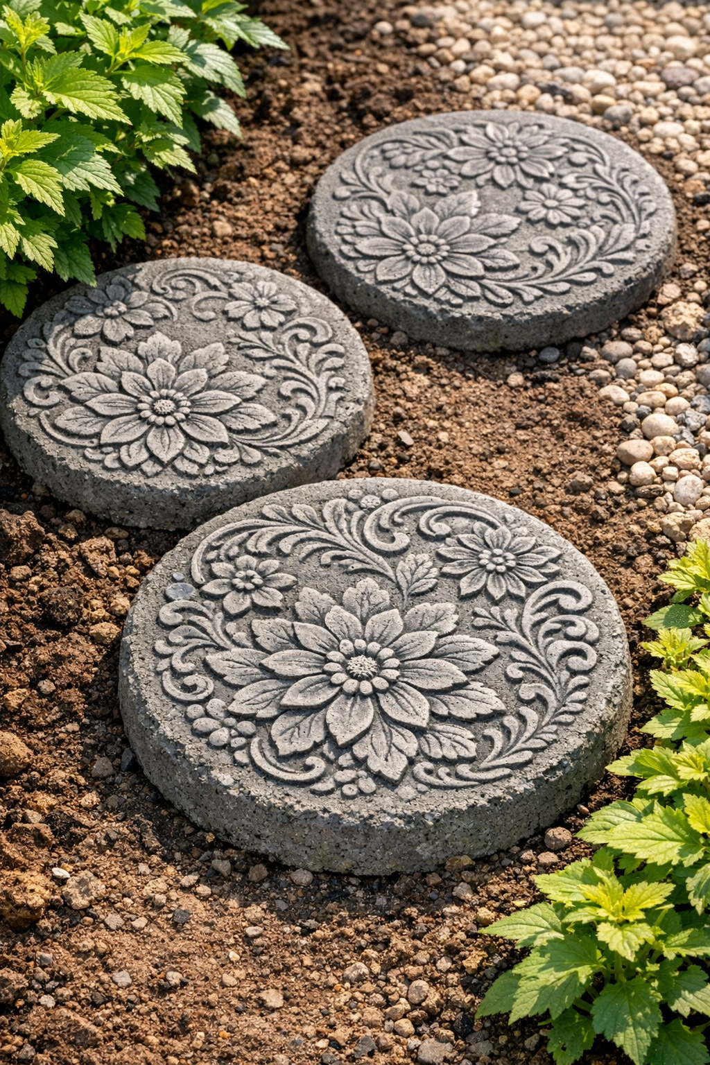 Finished embossed grey cement stepping stones with floral pattern