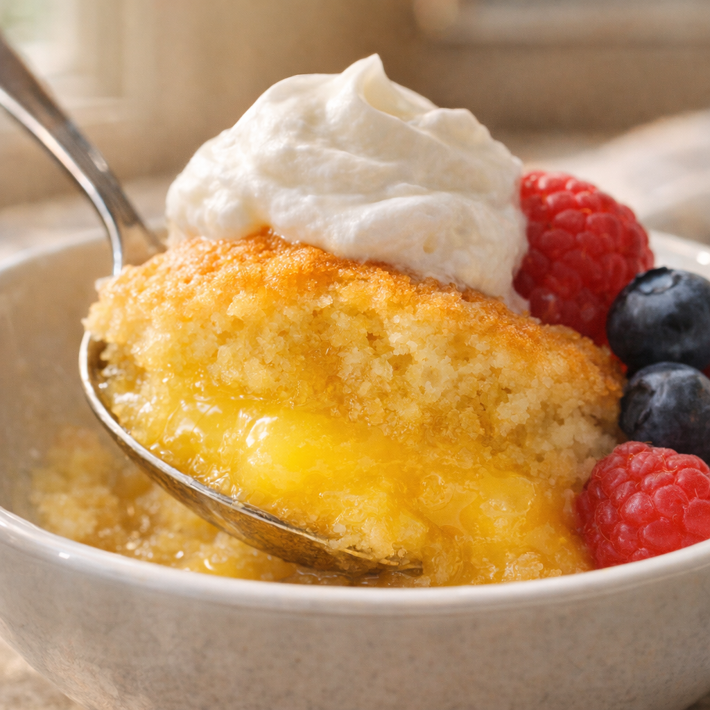 Close-up of lemon pudding cake with whipped cream