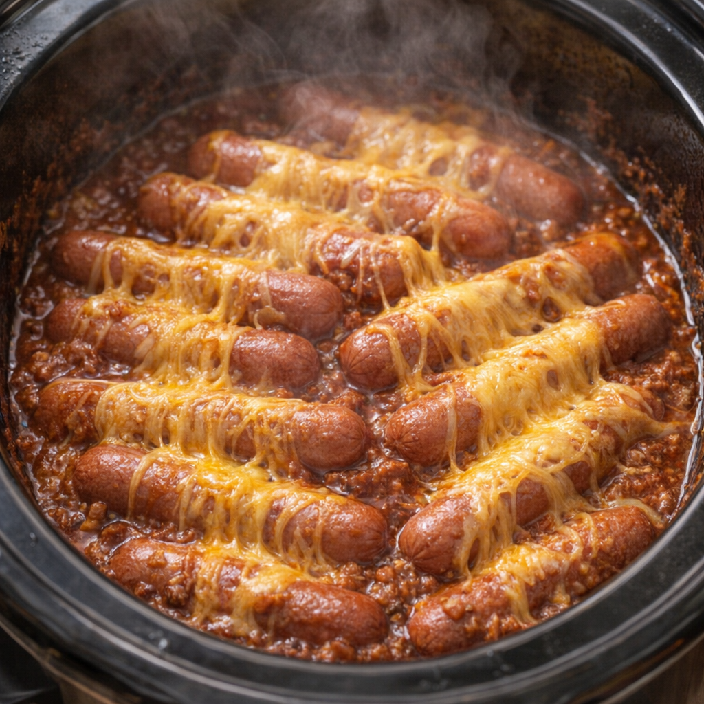 Melted cheese over bubbling chili dogs inside the slow cooker