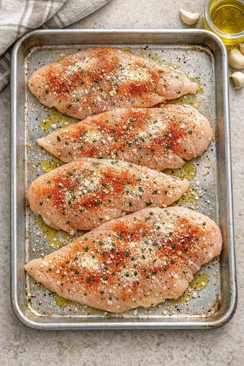 Seasoned chicken on a baking sheet before baking