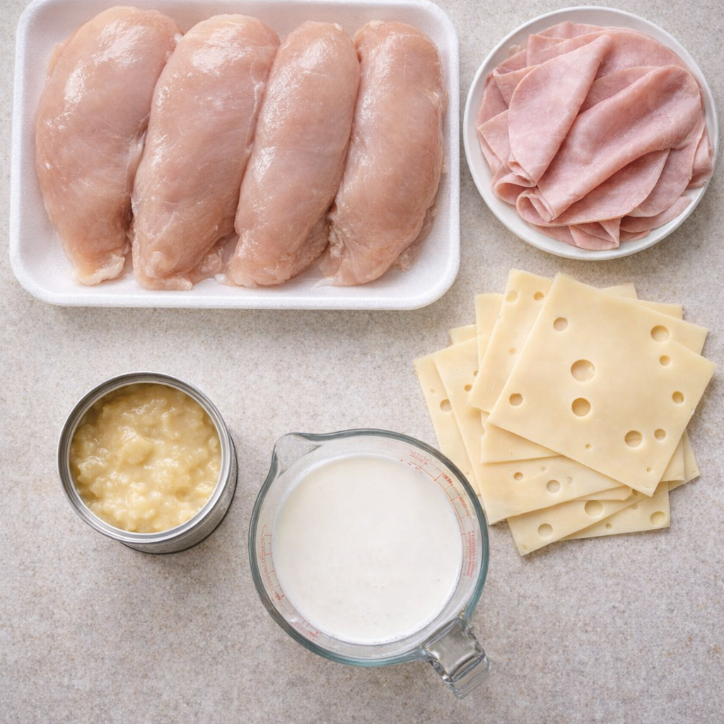 Five chicken cordon bleu ingredients on a kitchen counter