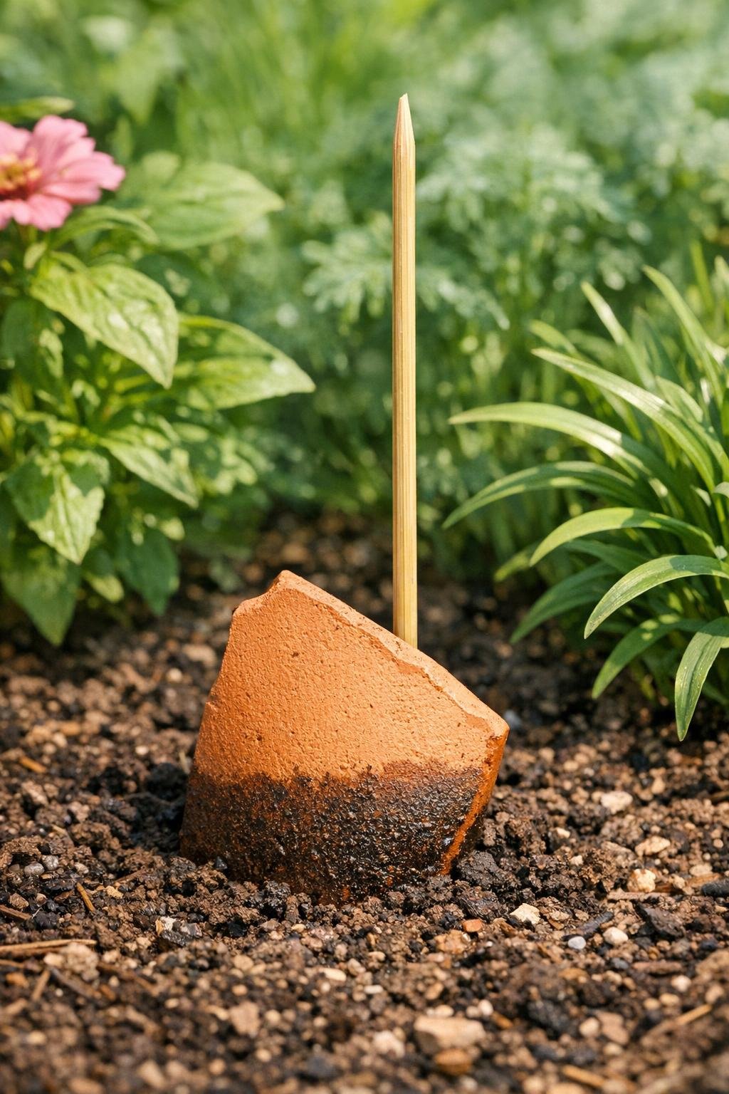 Finished terracotta shard soil moisture tester installed in a garden bed